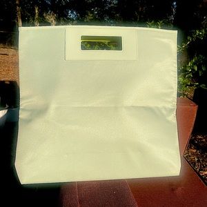 Mint Green, rectangular tote bag with neon yellow liner Inside